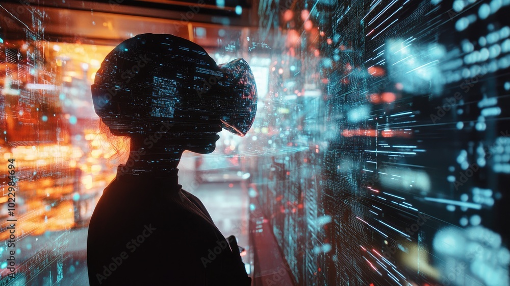 Poster a vr user interacts with data streams that merge with their physical surroundings, representing the 