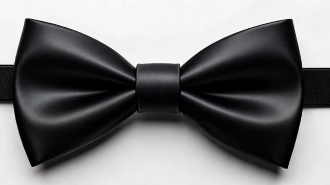 A black leather bow tie sits on a white background