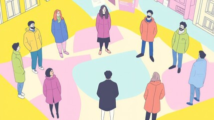 Fototapeta premium A colorful illustration of diverse people standing in a circle in an urban setting.