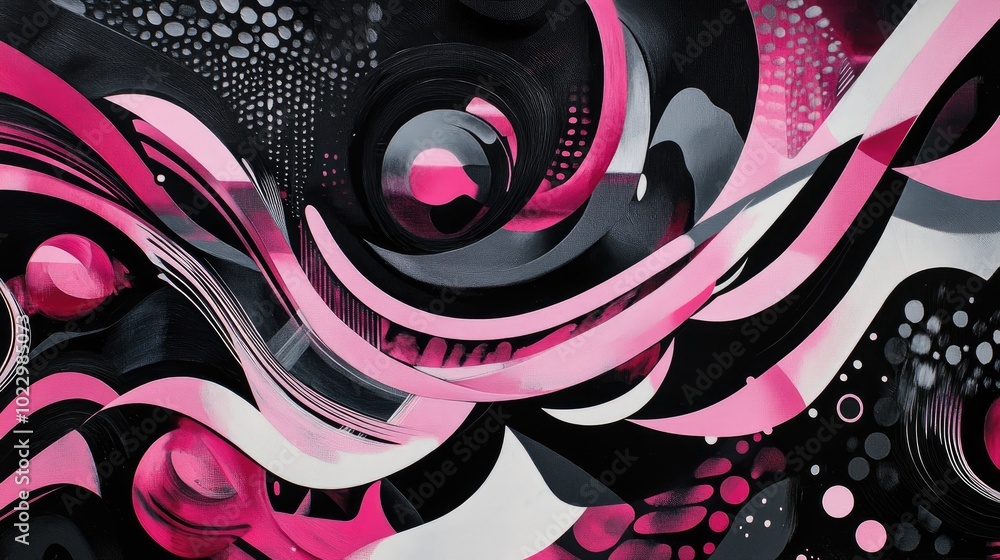 Aufkleber abstract artwork featuring a mesmerizing blend of black and pink patterns accented by smooth white l