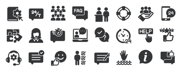 Customer support glyph solid icons collection. Containing help, call center, service, care, assistant . Minimal icon and symbol series vector illustration