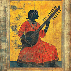 Fototapeta premium Simple traditional Madhubani Kalighat art from India of a musician with a sitar.