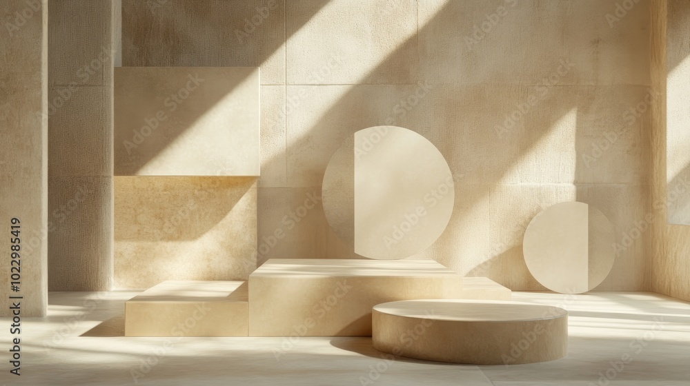 Poster 3D render of an abstract background featuring various primitive geometric shapes Empty display scene with a podium for showcasing products