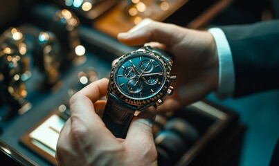 A man's hand holding a gold and blue wristwatch.