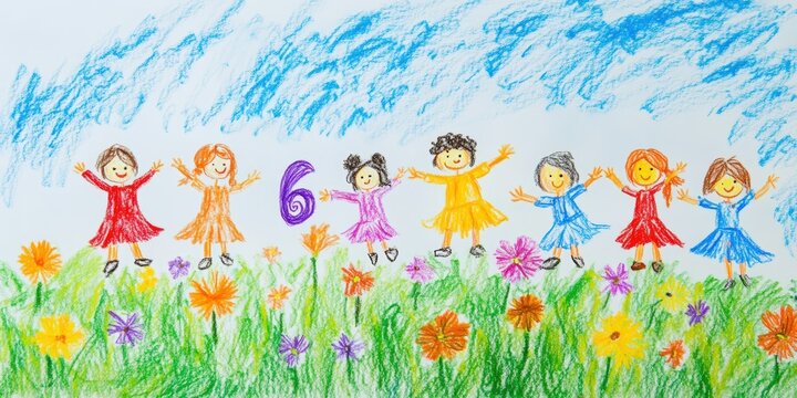 Child's drawing of girls in a field with flowers.
