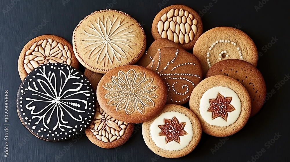 Aufkleber assortment of whole round tasty fragrant nutty cookies on a dark background