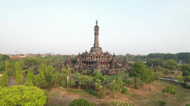 4K Aerial video of Bajra Sandhi Monument in Denpasar Bali in the morning