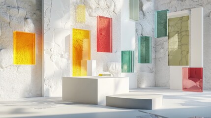3D rendering of an abstract background featuring fragmented white cobblestones ruins and floating colorful glass blocks A contemporary minimalist display with a vacant podium for product showcase