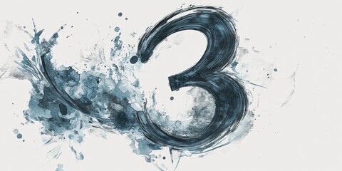 A brushstroke number three in blue watercolor.