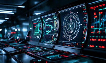 Obraz premium Control panel with glowing computer screens.