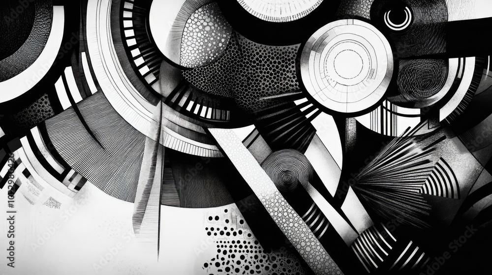 Poster black and white artwork featuring geometric shapes and intricate patterns