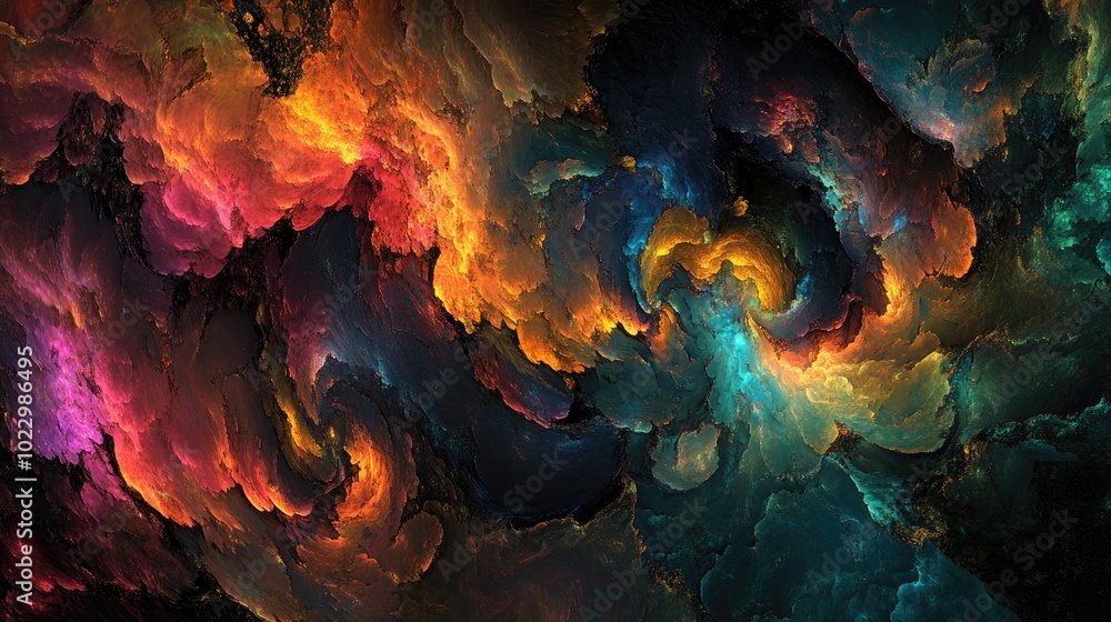 Poster abstract textured painting with vibrant chaotic strokes fractal design with a fantasy theme digital 
