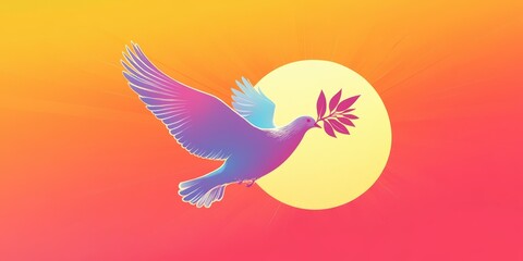 Dove with olive branch flying into sun.