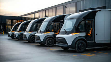 Fototapeta premium Row of modern electric delivery vans parked outside a warehouse or distribution center during the evening.