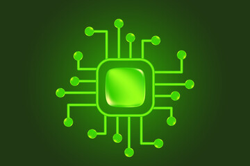 Green AI technology glowing 3D chip icon, isolated, transparent background. Futuristic processor, digital connection, computer CPU, artificial intelligence network.