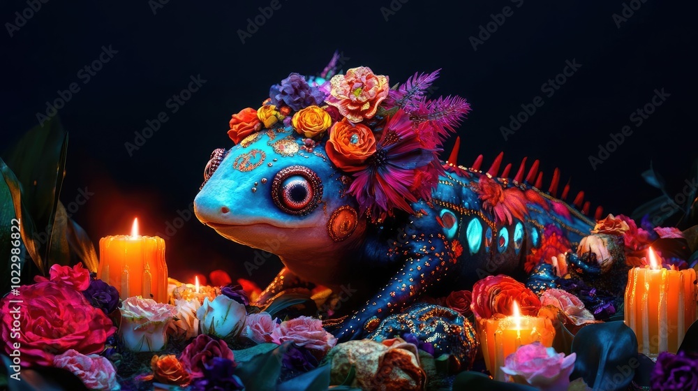 Poster a vibrant frog adorned with flowers and surrounded by candles, creating a magical and enchanting amb