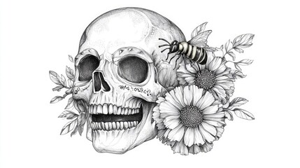Intricate skull illustration adorned with flowers and a bee, blending themes of life and death in a striking design.
