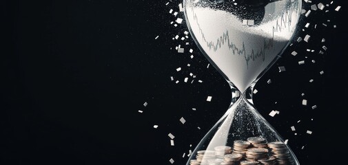 A giant hourglass filled with stock market charts and crumbling coins, slowly breaking apart as time runs out