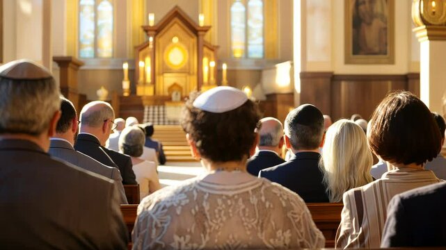Congregation attending a religious service in a synagogue, viewed from behind, with focus on traditional attire and reverence. Spiritual gathering in a sacred space, reflecting faith and community
