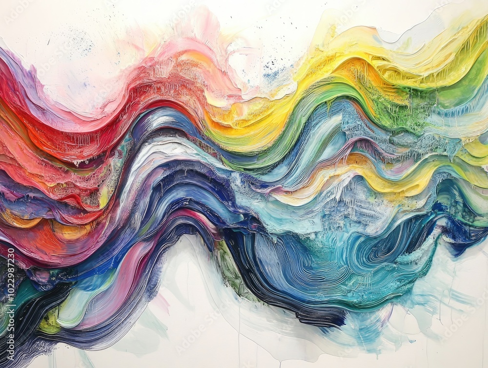 Poster abstract painting depicting colorful fluid movements resembling ocean waves flowing from a washing p