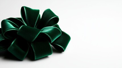 A large oversized Christmas bow with soft velvet texture, deep emerald green color, luxurious holiday gift topper, isolated on white background
