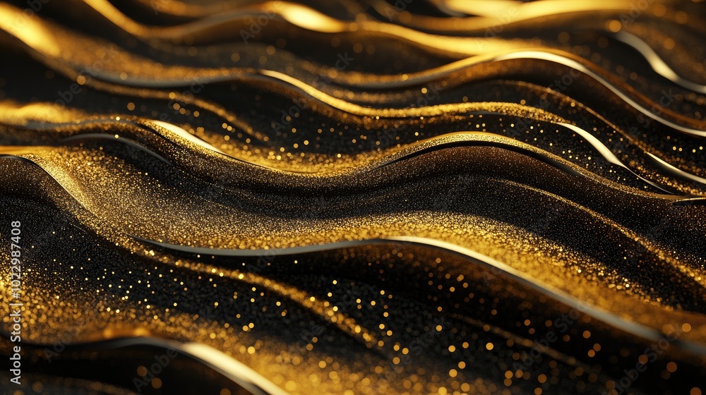 Poster 3D golden wave flow lines and shimmering glitter on a dark backdrop Elegant wavy golden patterns radiate with sprays and sparkles creating a contemporary decorative liquid design