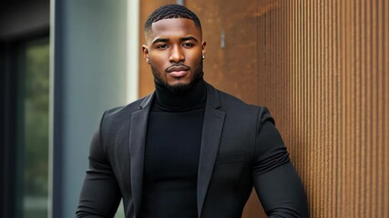 A man in a black suit and turtleneck stands by a wall, looking away from the camera - Powered by Adobe