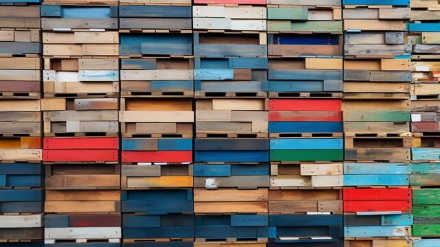 Wooden shipping pallets are stacked and arranged to create a visually interesting wall, showcasing the beauty of reclaimed materials and vibrant colors