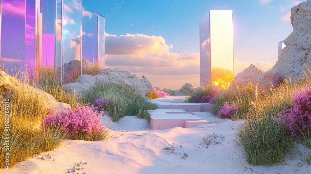 Poster 3D rendering of a surreal landscape featuring vibrant grass and sandy terrain with a podium and abstract glass shapes in the background creating a futuristic fantasy scene
