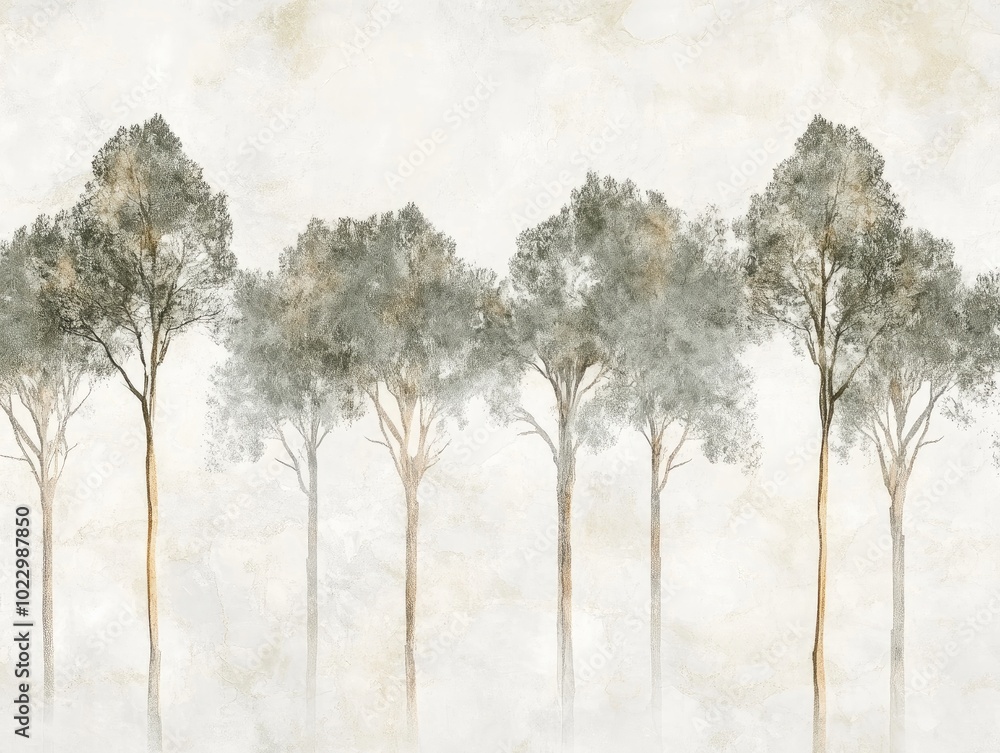 Poster Artistic depiction of trees on a marble backdrop Ideal for wallpaper design Fresco style with a magical forest theme Elegant interior print