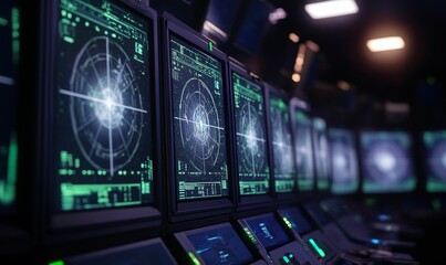 Obraz premium Multiple monitors displaying radar screens.