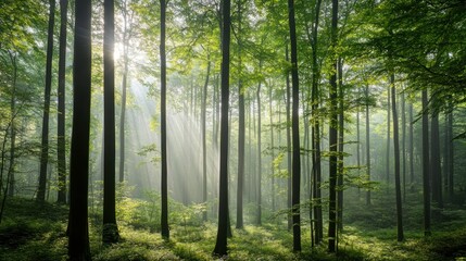 Obraz premium Sunbeams Streaming Through a Foggy Forest