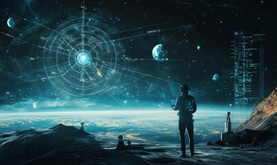 Astronaut exploring alien planet with digital interface.
