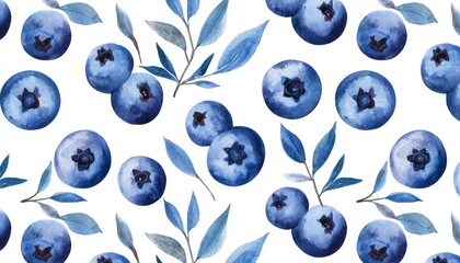 A vibrant watercolor pattern featuring blueberries and leaves on a white background.