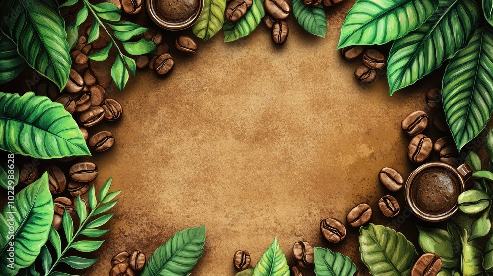 Poster Coffee themed backdrop showcasing coffee beans and leaves ideal for crafting customized designs in a rustic atmosphere