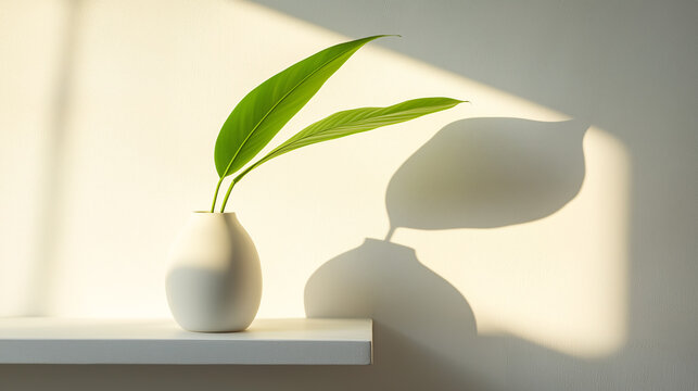 Single minimalist vase with a tall green leaf on a white shelf, no other objects or decor in the frame, illuminated by indirect sunlight