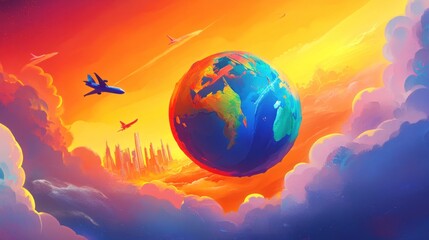 Naklejka premium A vibrant depiction of Earth surrounded by clouds and aircraft, symbolizing travel and exploration.