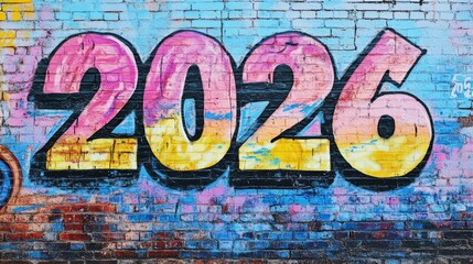 2026 year in colorful graffiti style, spray-painted on a brick wall, street art vibe, urban and edgy design.