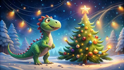 Charming dinosaur enjoys a cozy night with a gleaming Christmas tree. This magical holiday illustration captures the spirit of fun and festive wonder. Celebrate with joy!