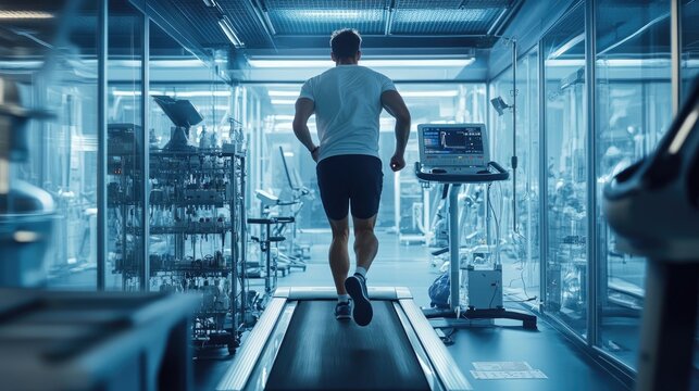 An image shows a guy athlete in a medical laboratory, jogging on a treadmill as part of an exercise test.