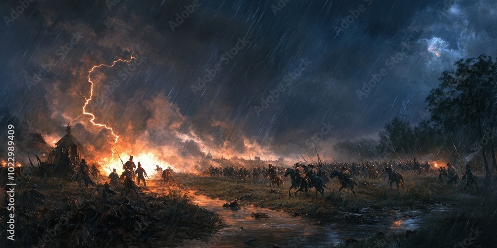 Canvas Prints Rainy battle scene with lightning and fire.