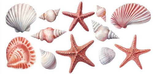 Collection of colorful seashells and starfish, perfect for beach or ocean-themed projects, isolated on a white background.