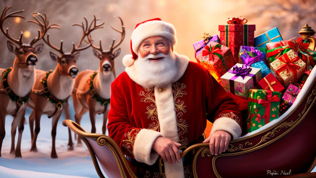 traditional Santa Claus sitting in his sleigh and his reindeer in the snow