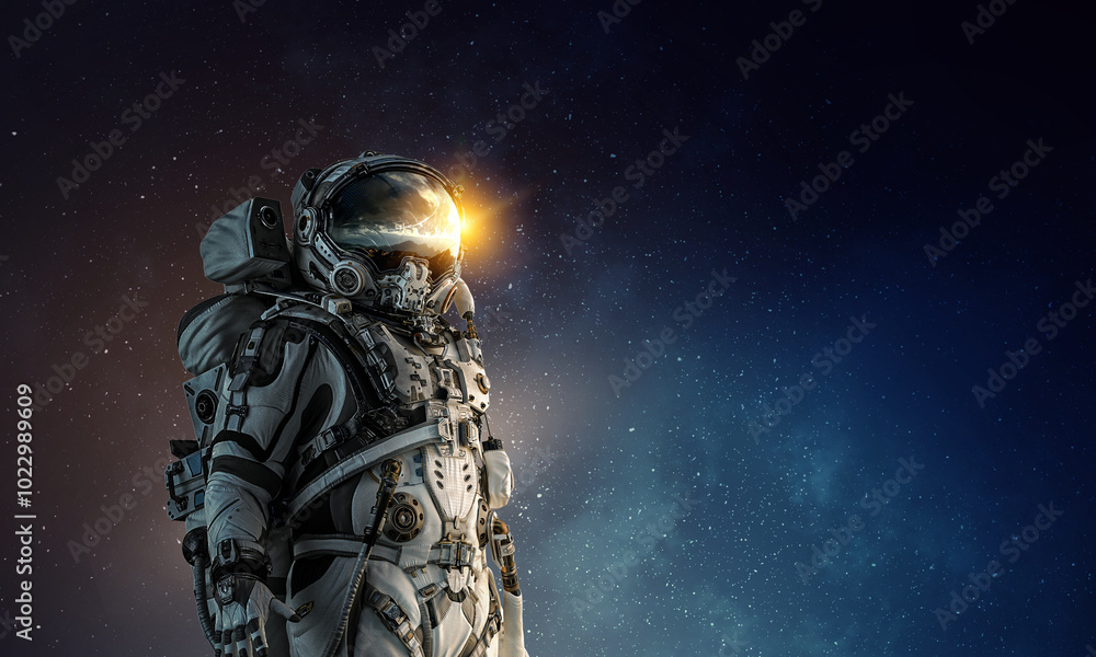 Poster astronaut walking on an unexplored planet. mixed media