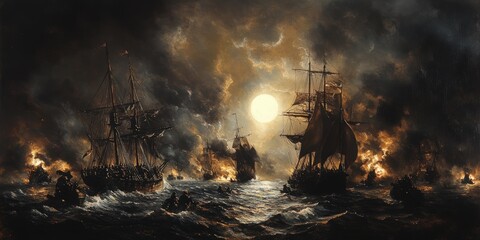 Obraz premium Ships battle in a stormy sea at night.