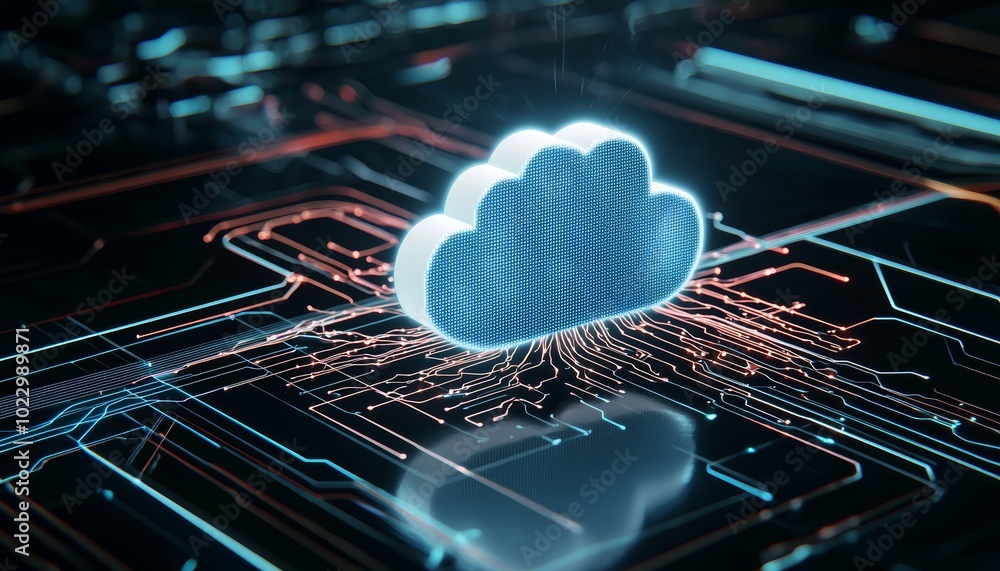 Poster digital cloud icon floating in a futuristic data center, glowing blue connections and data streams, 