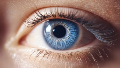 Extreme close-up of a blue eye with long lashes, high-definition details of iris, reflecting light, soft skin texture, focus on natural beauty
