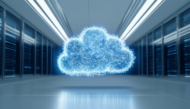 Digital cloud icon floating in a futuristic data center, glowing blue connections and data streams, modern cloud computing technology concept