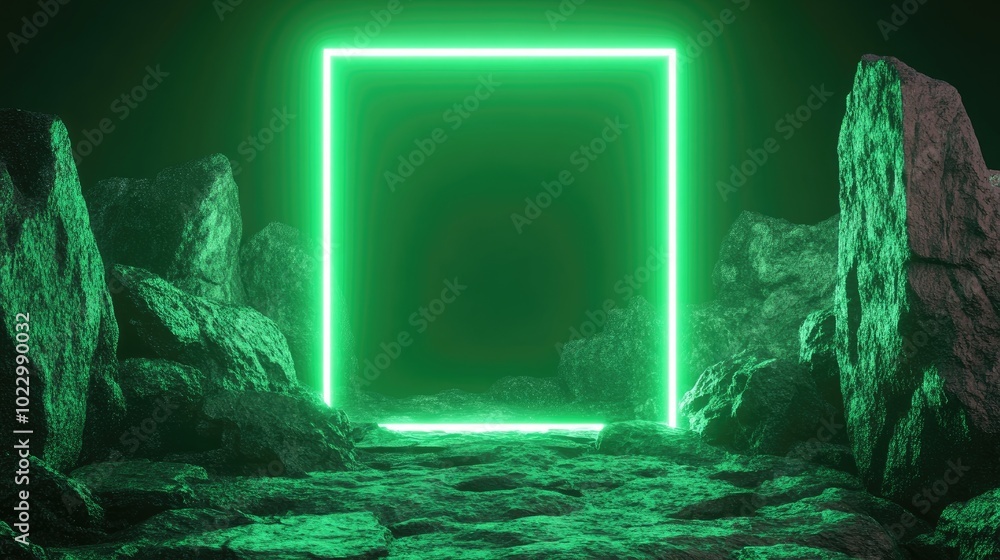 Aufkleber 3D render of an abstract neon green background featuring a glowing square frame and cobblestone rock ruins Scene designed for product display platform