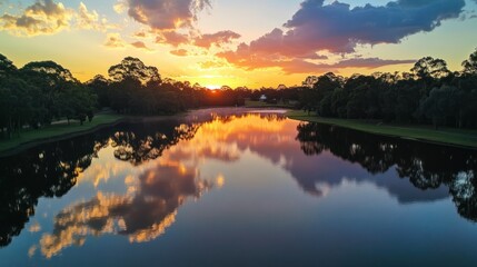 Sunset Reflection in a Serene Lake Surrounded by Silhouetted Trees